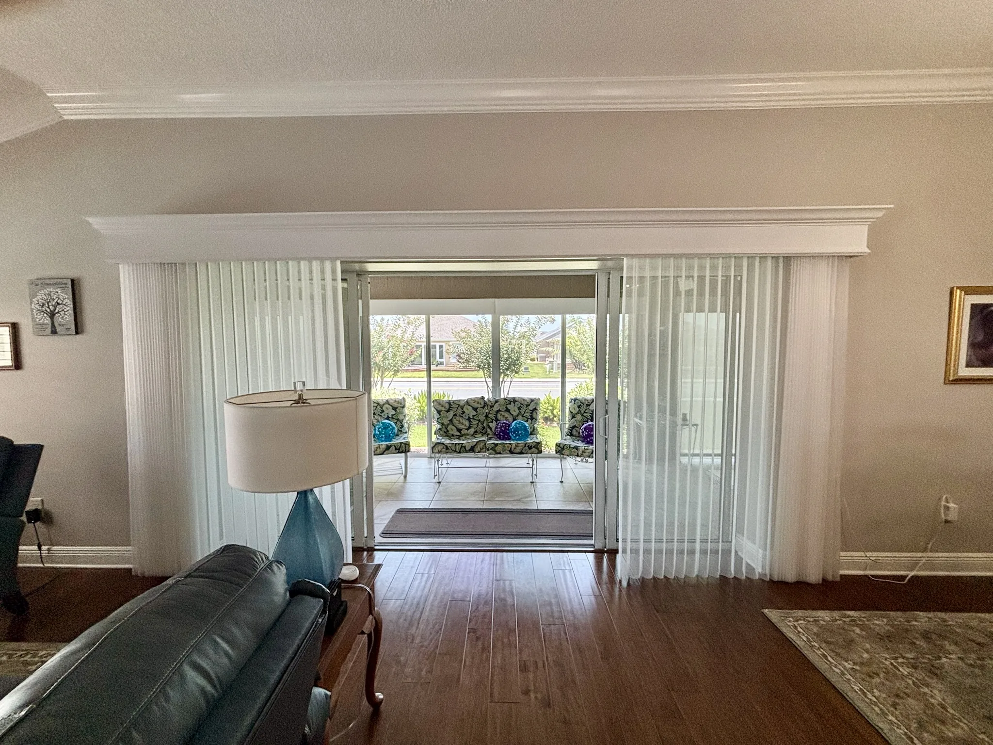 Open Luminette sheer shades on a living-room slider door