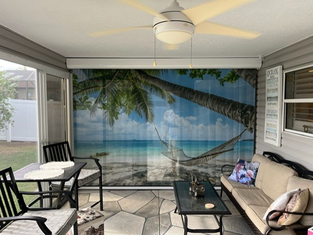 Custom printed island scene autoshade on patio