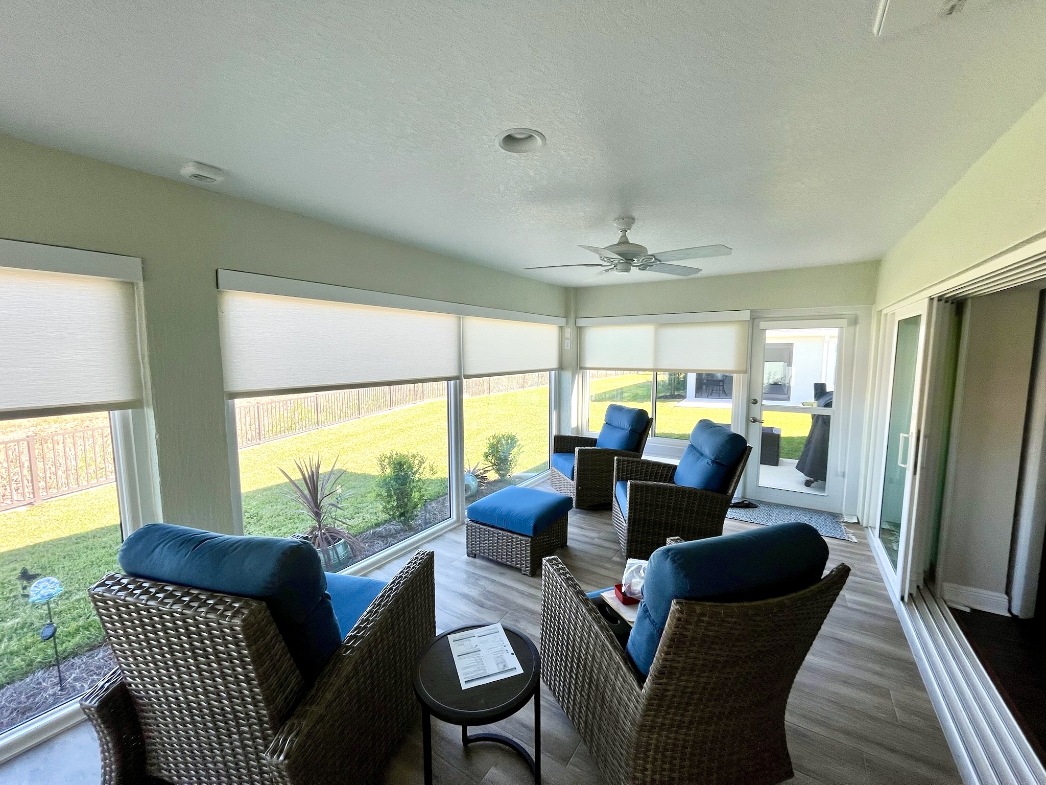 Interior light filtering lanai shades for sun protection and privacy